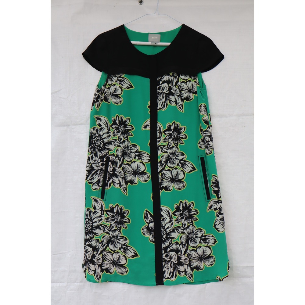 Maeve Anthropologie Green Floral Silk Shift Dress Black Yoke Pockets Size 4 NWOT - Picture 10 of 11